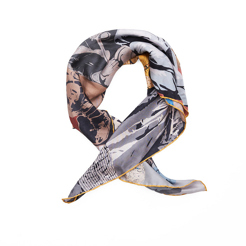 Reverse of silk scarf rolled and styled.