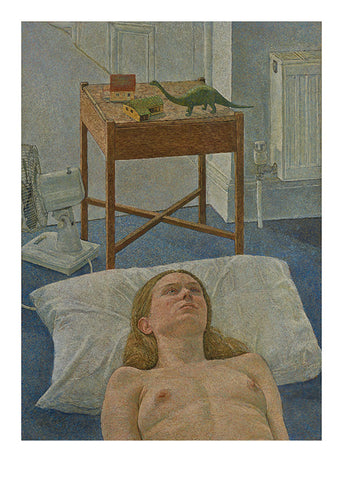 A painting of a woman lying on a pillow on the floor with a table and dinosaur toy behind.