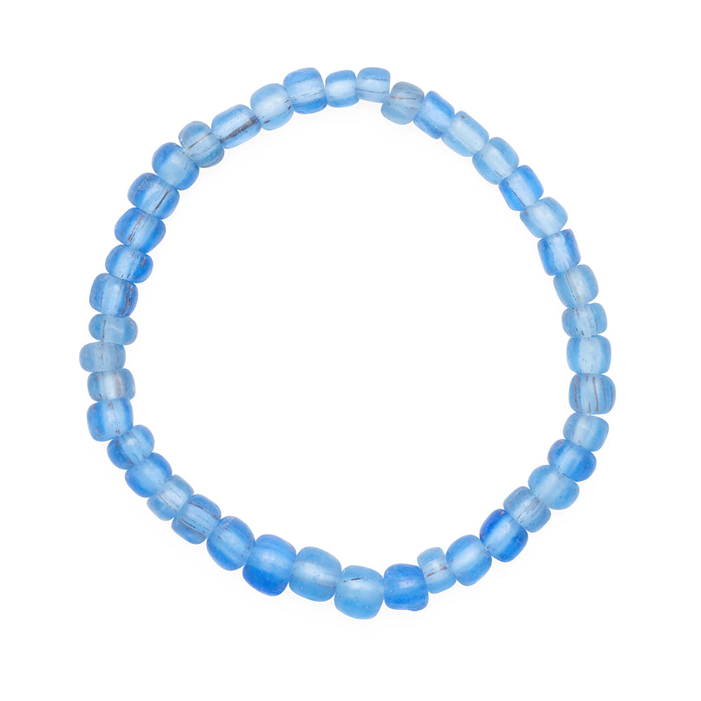 Blue beaded bracelet on a white background