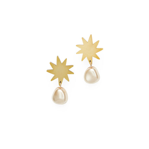 Gold sun studs with a dangling pearl