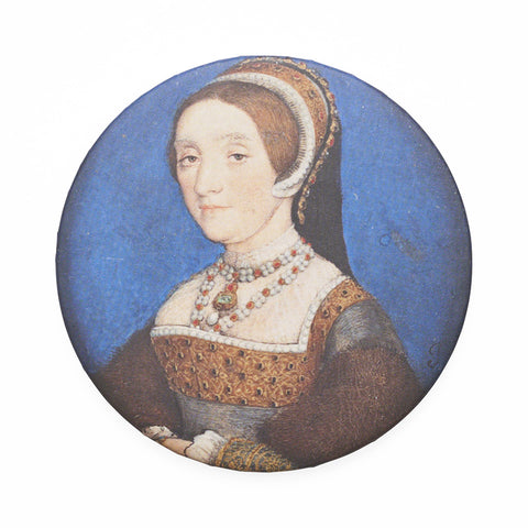 A circular magnet with a portrait of Katherine Howard in a yellow and brown dress against a blue background.