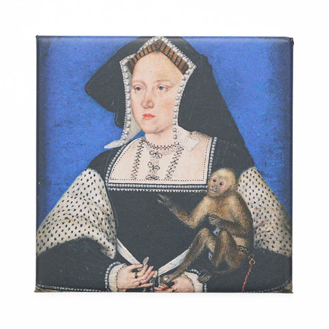 A square magnet featuring a woman in black and white dress and headpiece, holding a small monkey.