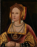 Portrait of a woman in a red and gold gown with an elaborate headdress and a long necklace.