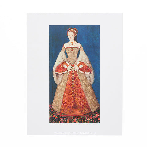 A mini print of a painted portrait featuring Katherine Parr in red regal dress against a blue backdrop.