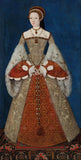 A full length portrait of a woman in a gold and red dress with fur, against a blue background.