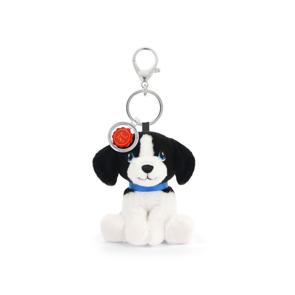 Dog shaped plush toy keychain on a white background