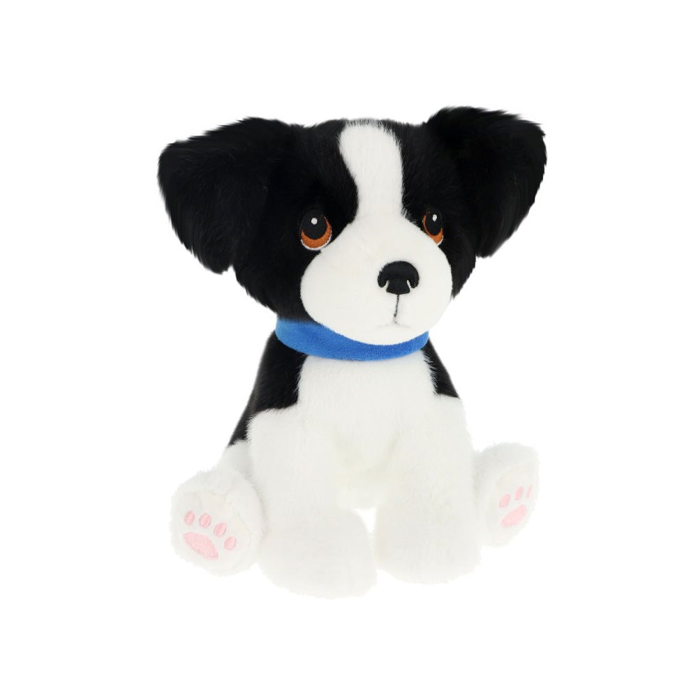 Black and white stuffed dog toy with a blue collar on a white background