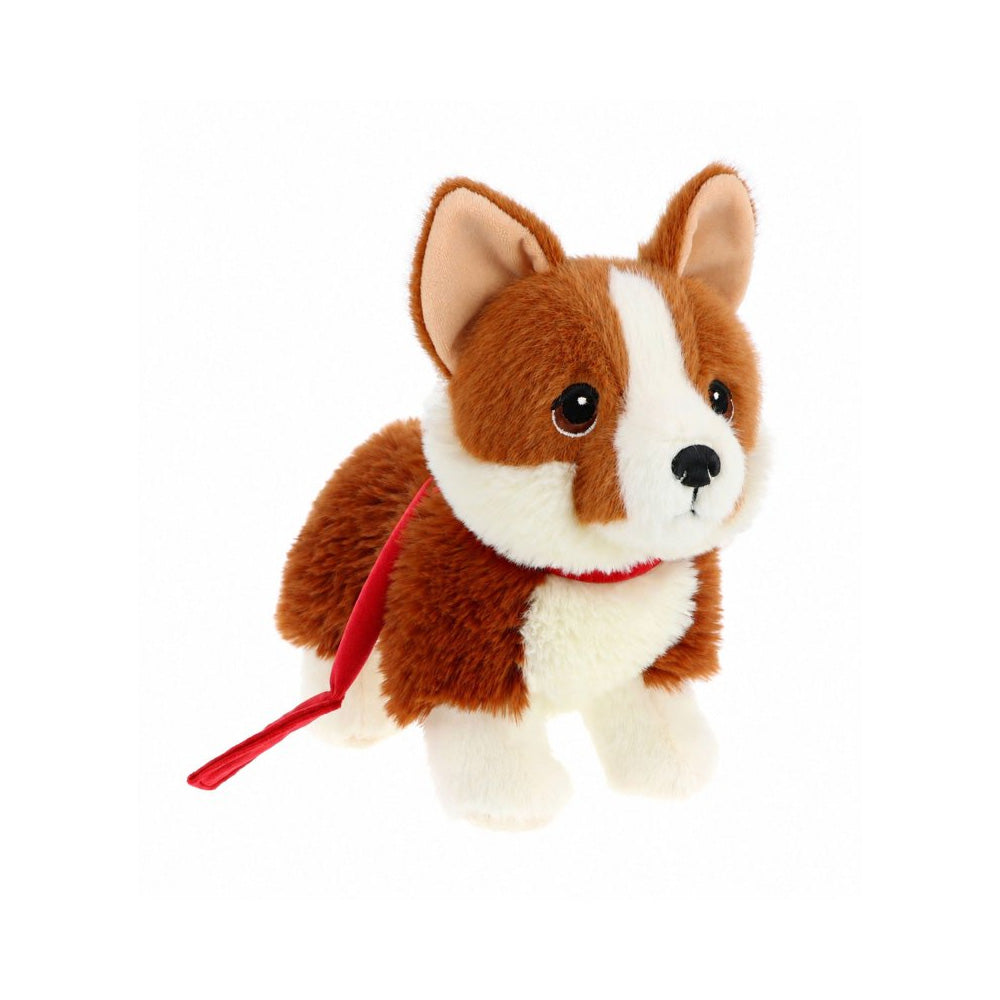 Plush toy corgi dog with a red collar on a white background