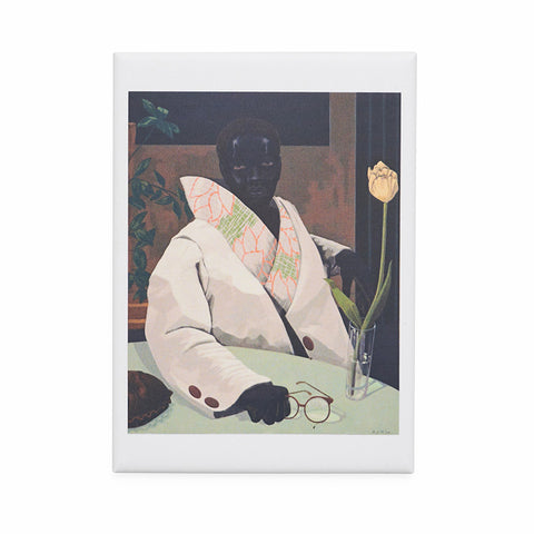 Rectangular magnet featuring a painting of a woman in a white jacket holding her glasses at a table.