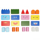 Set of colorful wooden blocks with various shapes and designs on a white background