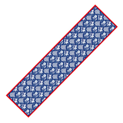 King Charles III Coronation design long silk scarf by Rory Hutton in blue, white and red.  