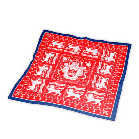King Charles III Coronation design silk pocket square scarf by Rory Hutton in red with blue border. 