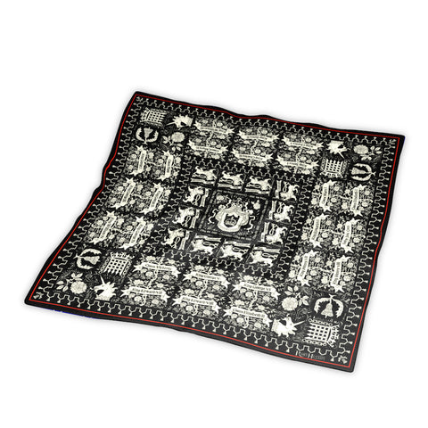 King Charles III Coronation design silk pocket square scarf by Rory Hutton in neutral and black colourway. 