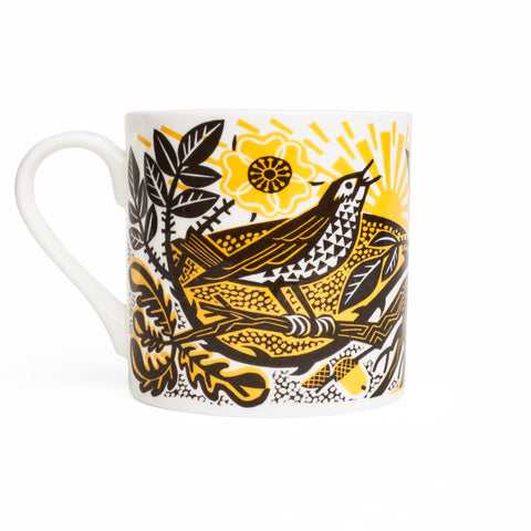 King Charles III Coronation mug featuring bird and flower print design by Clare Curtis
