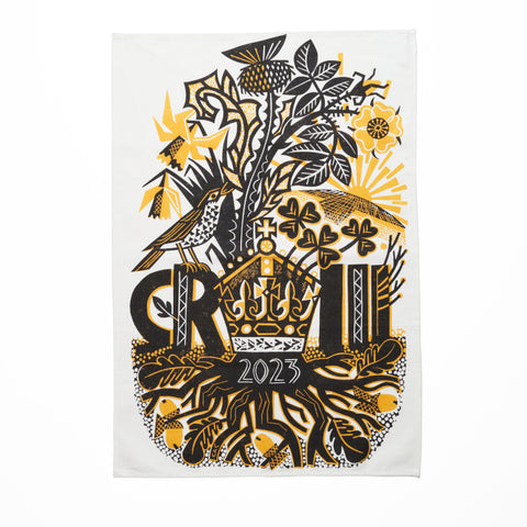 King Charles III Coronation tea towel featuring bird and flower print design by Clare Curtis