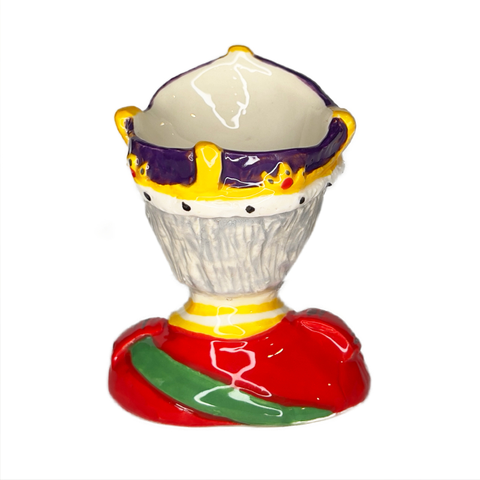 King Charles III ceramic egg cup bust with red uniform and crown, back view. 