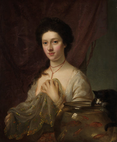 A painted portrait of a woman in embellished dress sat next to a cat reaching for fish inside a glass tank.