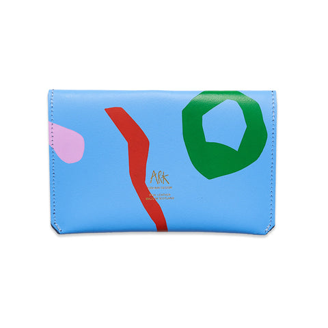 Back of rectangular leather cornflower blue purse with colourful abstract designs with gold Ark logo.