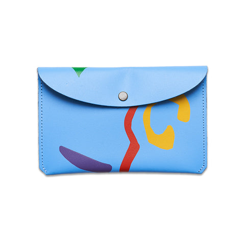 Rectangular leather cornflower blue purse with folded close and with colourful abstract designs.