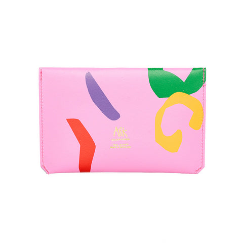 Reverse of pink rectangular purse featuring a paint splatter abstract pattern and Ark logo in gold.