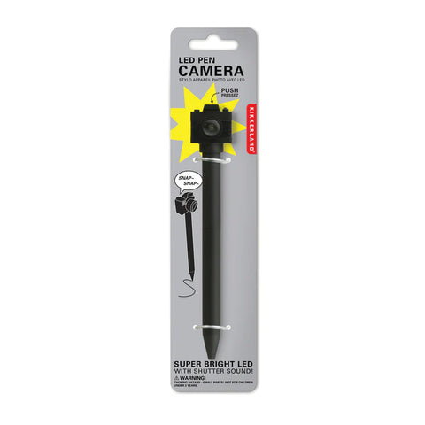Black pen with a model camera topper including button with LED flash on top.