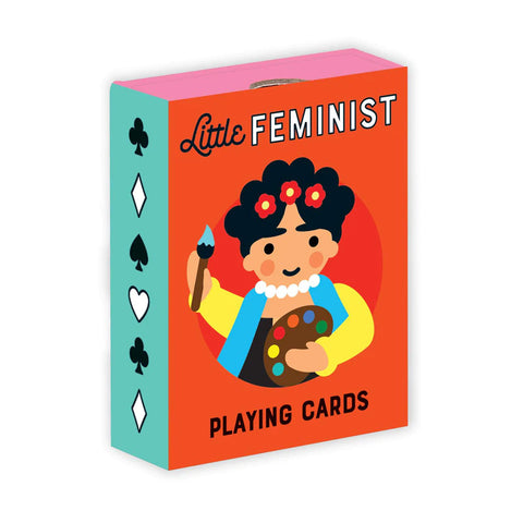 A colourful box of Little Feminist Playing Cards featuring an illustration of Frida Kahlo holding a paintbrush and paint palette.