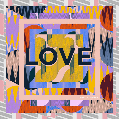 Square silk scarf featuring the word 'love' and a geometric pattern.