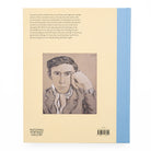 Book cover with a portrait illustration of a man resting his head on his hand and text on a beige and blue background
