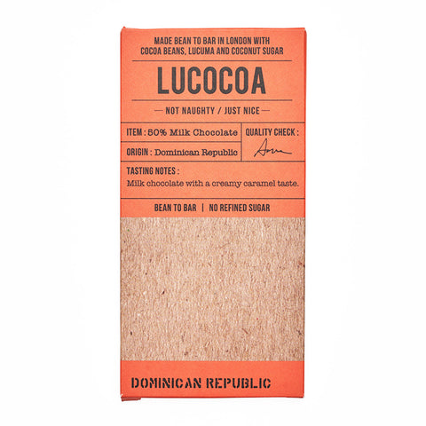 Lucocoa 50% milk chocolate bar in rectangular orange cardboard packaging.