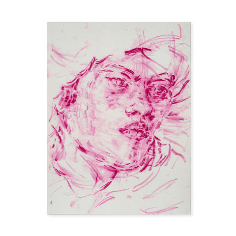 Close up portrait of Mai's face in fuchsia pink brush strokes. 
