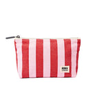 A small zippered pouch with vertical red and light pink stripes, featuring a white 'ROKA LONDON' label on the front and a black zipper pull, set against a plain white background.
