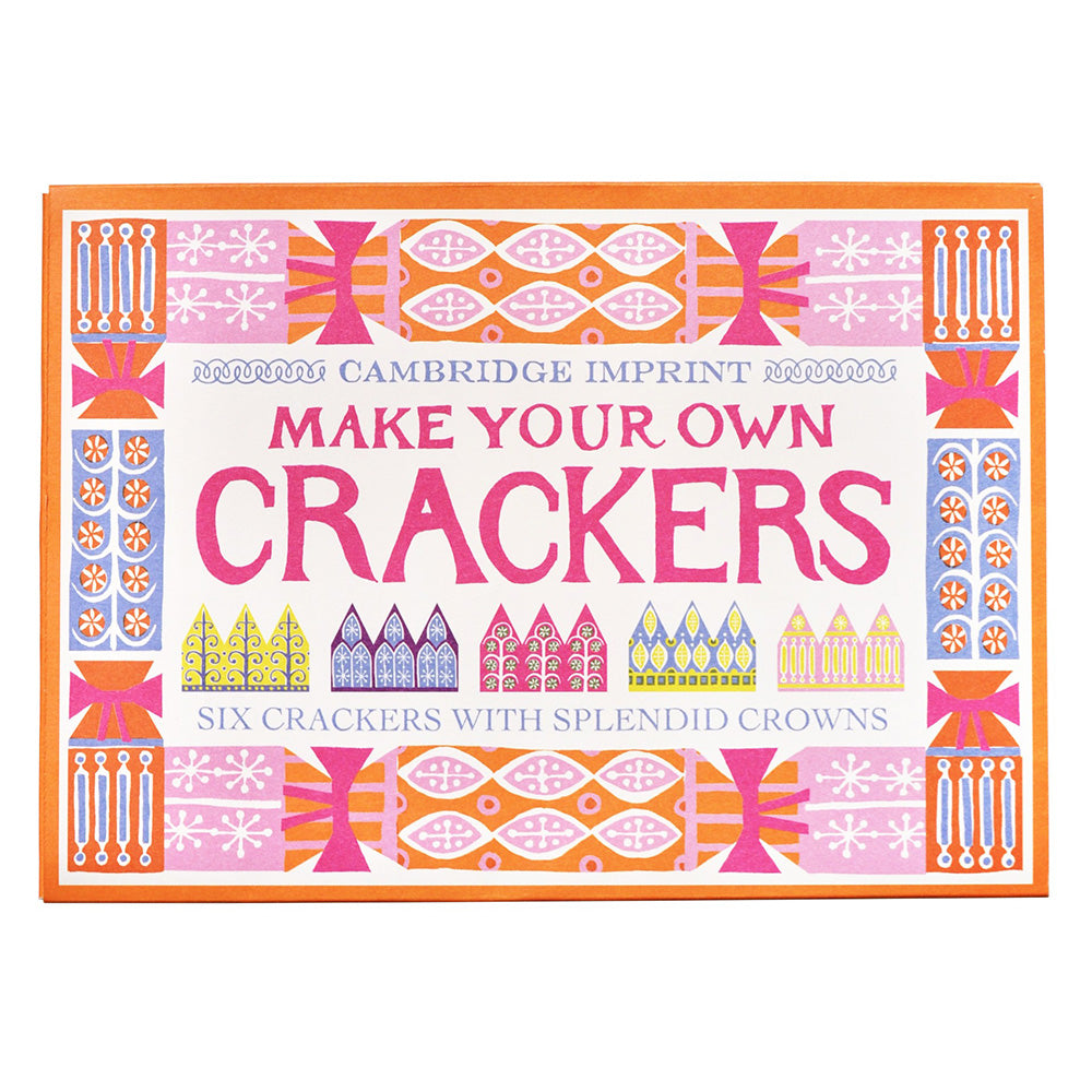 Cambridge imprint 'make your own crackers' book cover, featuring a colorful, whimsical illustration with pink, orange, and blue patterns and text on a white background.