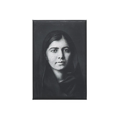 Black and white photographic portrait of Malala Yousafzai on a rectangular magnet.