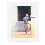 A rectangular mini print featuring an abstract painting of a man walking down some stairs from a distorted perspective.