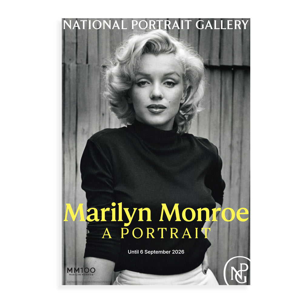 Marilyn monroe a portrait exhibition poster with 'national portrait gallery' text and a black and white photograph of the actress.