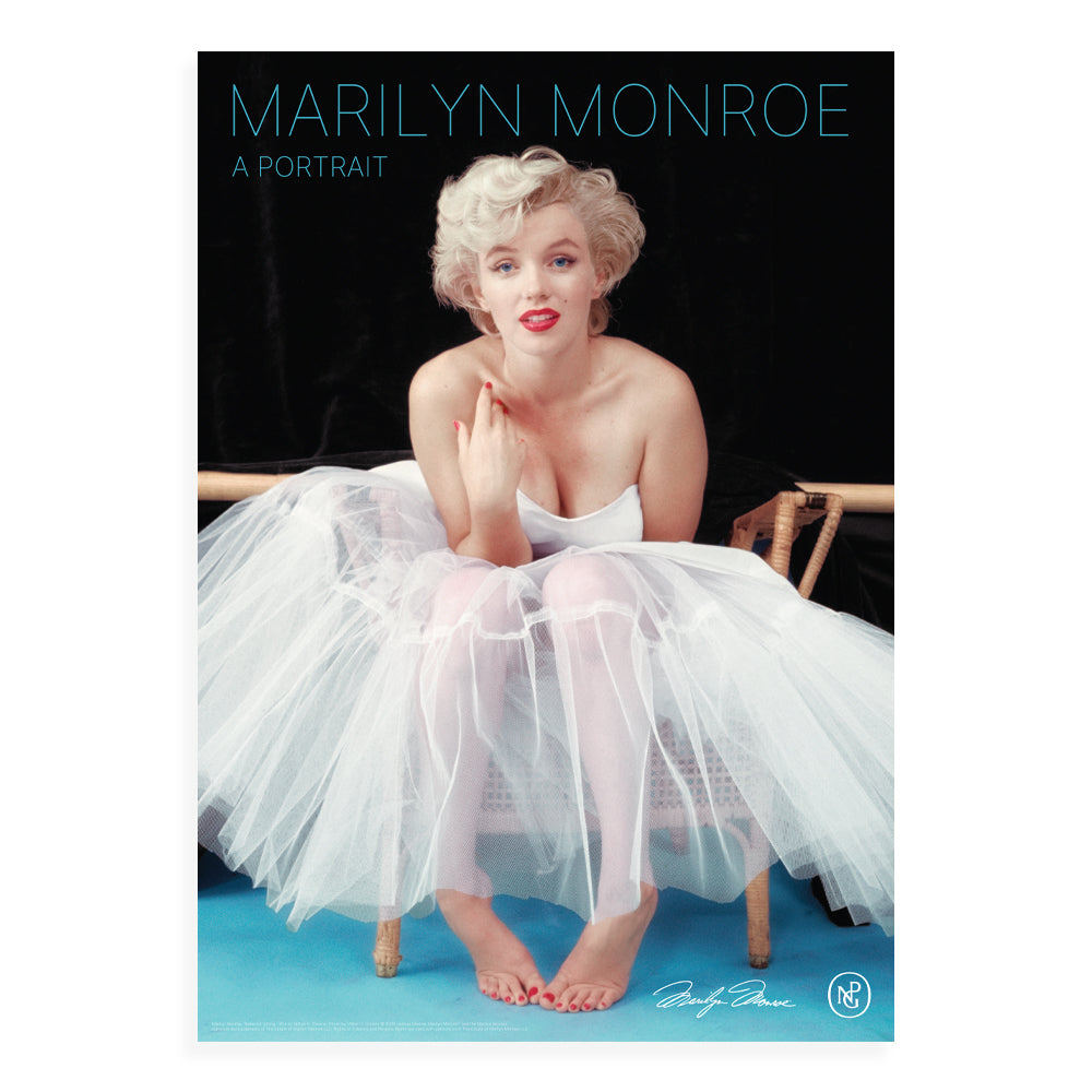 Marilyn monroe: a portrait exhibition poster with a photo of a woman sitting in a tutu.