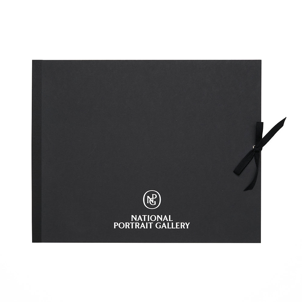 Black folio cover with national portrait gallery logo and monogram in white and a ribbon tie.
