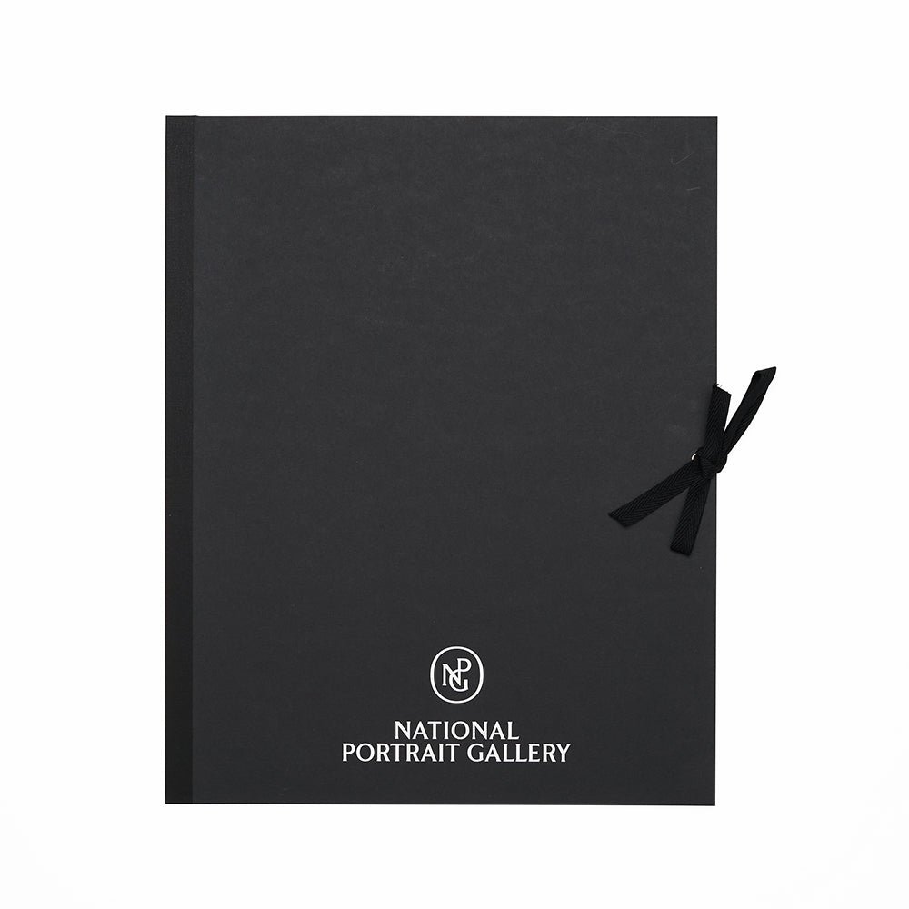 Black folio cover with a bow and 'national portrait gallery' logo on a white background