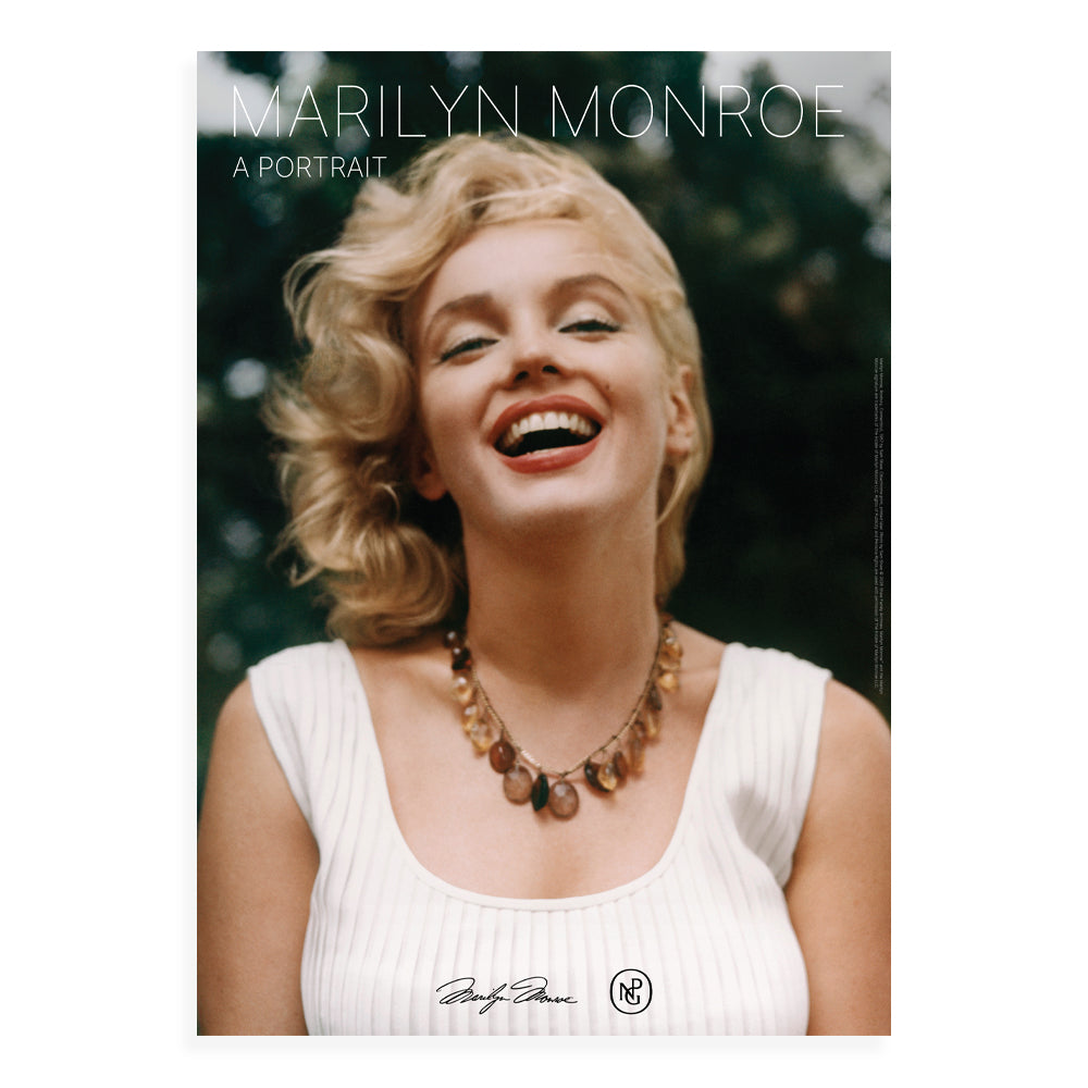 Exhibition poster for marilyn monroe: a portrait, featuring a photograph of a woman laughing, wearing a necklace.