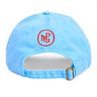 Reverse view of light blue cap with red NPG logo against a white background