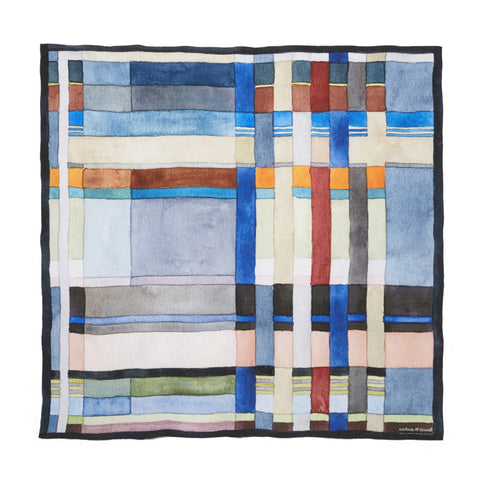 Square silk scarf featuring a pattern of vibrant brush stroke lines.