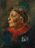 Painted portrait of a woman wearing a red scarf and medals looking to the side.