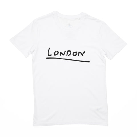 A white T-shirt featuring the word 'London' in McCartney's handwriting in contrasting black.