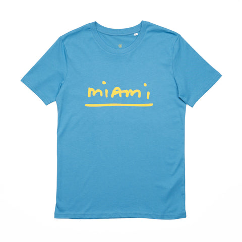 A blue T-shirt featuring the word 'Miami' in McCartney's handwriting in contrasting yellow.
