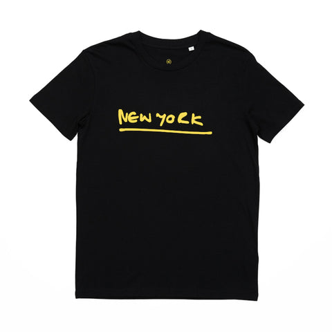 A black T-shirt featuring the word 'New York' in McCartney's handwriting in contrasting yellow.