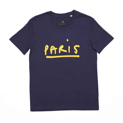 A purple T-shirt featuring the word 'Paris' in McCartney's handwriting in contrasting yellow.