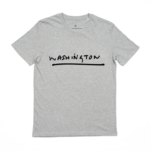 A grey T-shirt featuring the word 'Washington' in McCartney's handwriting in contrasting black.