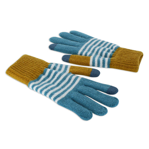 Men's Soft Knit Stripe Gloves in Blue & Ochre