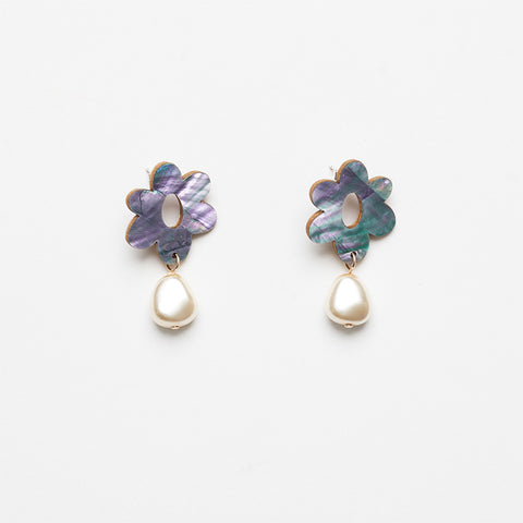 Iridescent flower studs with a dangling pearl