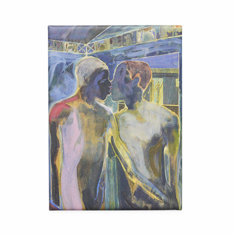 Rectangular magnet featuring a blue tone painting of two male figures kissing. 